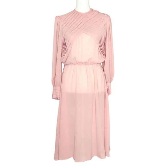 ZiZi Petites by Barbara Chodos Vintage 70s Chiffon Midi Dress Sheer Pink Size 6 - Picture 1 of 14